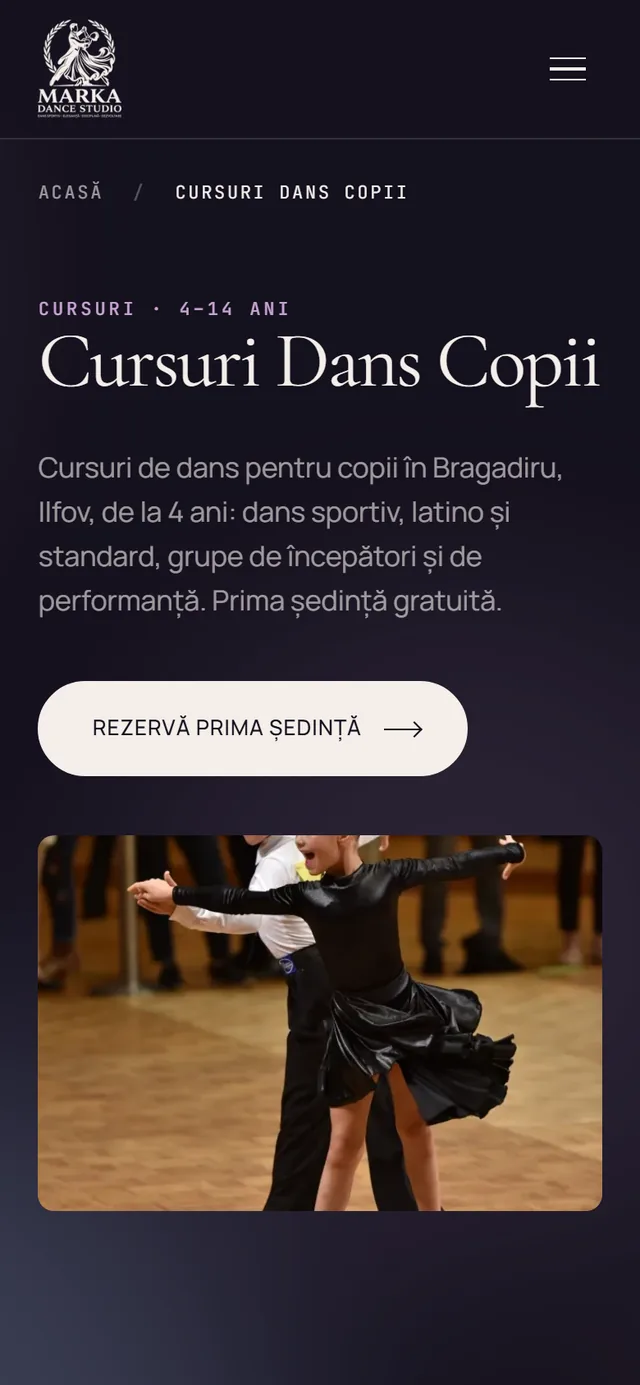 Kids dance classes page on a phone, with a 'Book your first session' button