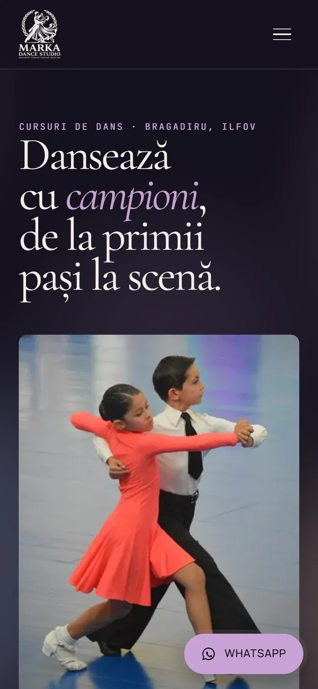 Marka Dance Studio homepage on a phone, with the hero 'Dance with champions'